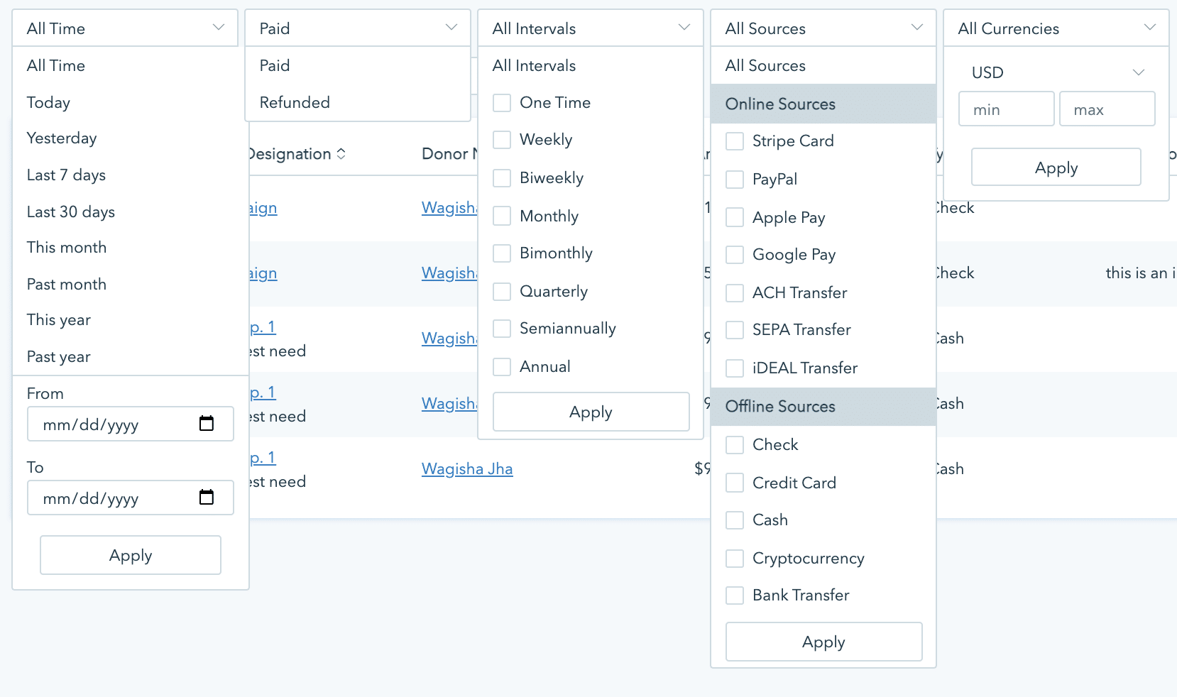 Nonprofit Donor Management filters and criteria
