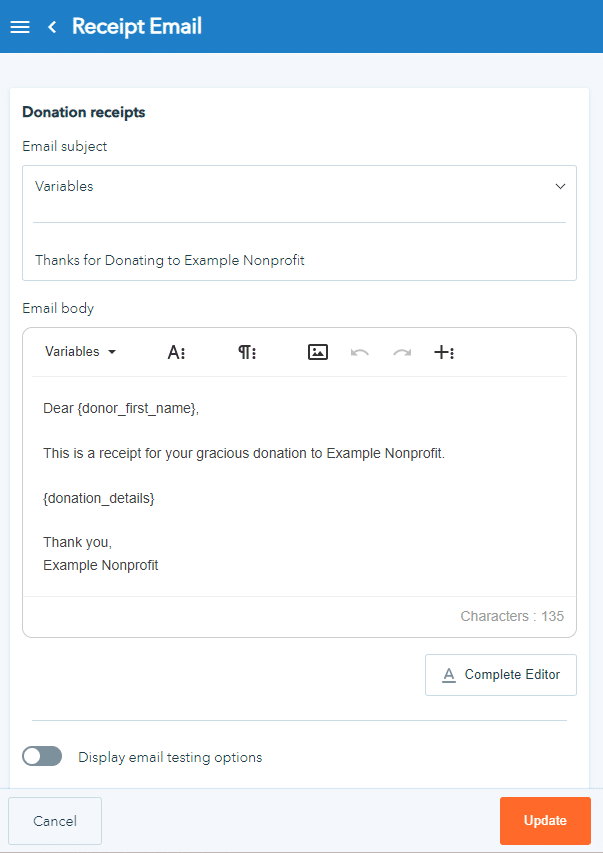 donation receipt email editor on donorbox